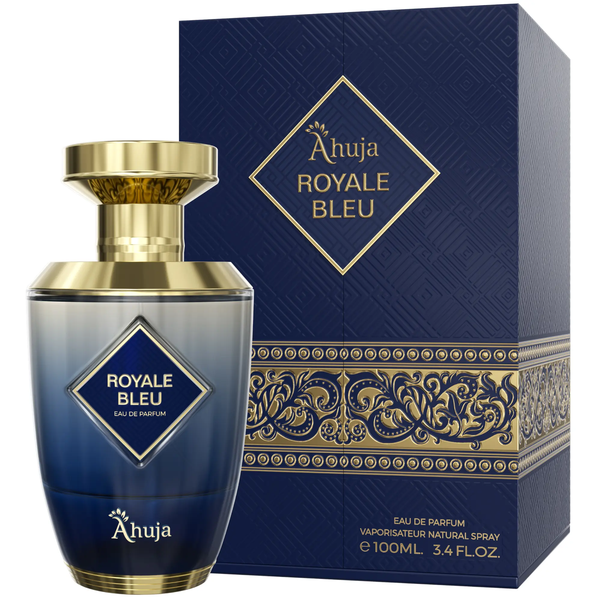 AHUJA Royale Bleu Eau De Parfum for Men 3.4 fl oz – Long Lasting Fresh Citrus, Grapefruit & Ginger Scent w/Deep Woody Notes – Elegant Daily Wear Perfume & Gift