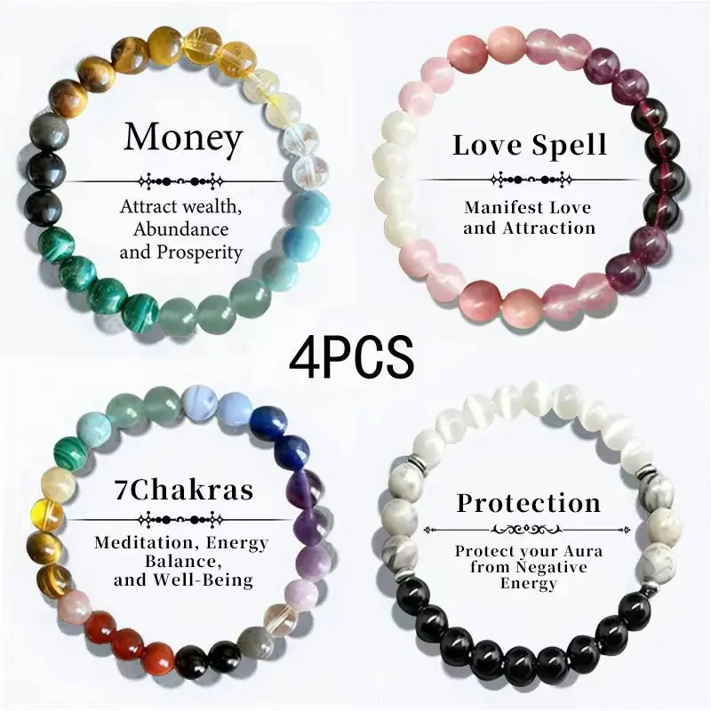 kroafa 4-Piece Bohemian Beaded Bracelet Set for Women, Spiritual Jewelry for Everyday Wear with Rose Quartz & Tiger's Eye, Accessories For Women, Bangles, Bracelets For Women