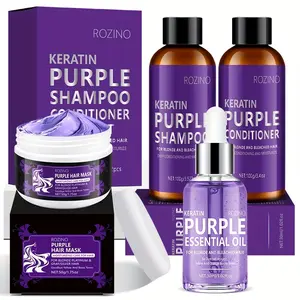 ROZINO Keratin Purple Shampoo Conditioner Hair Mask & Essential Oil Set for Blonde Bleached Hair Deep Conditioning Moisturizing 4-Piece Kit