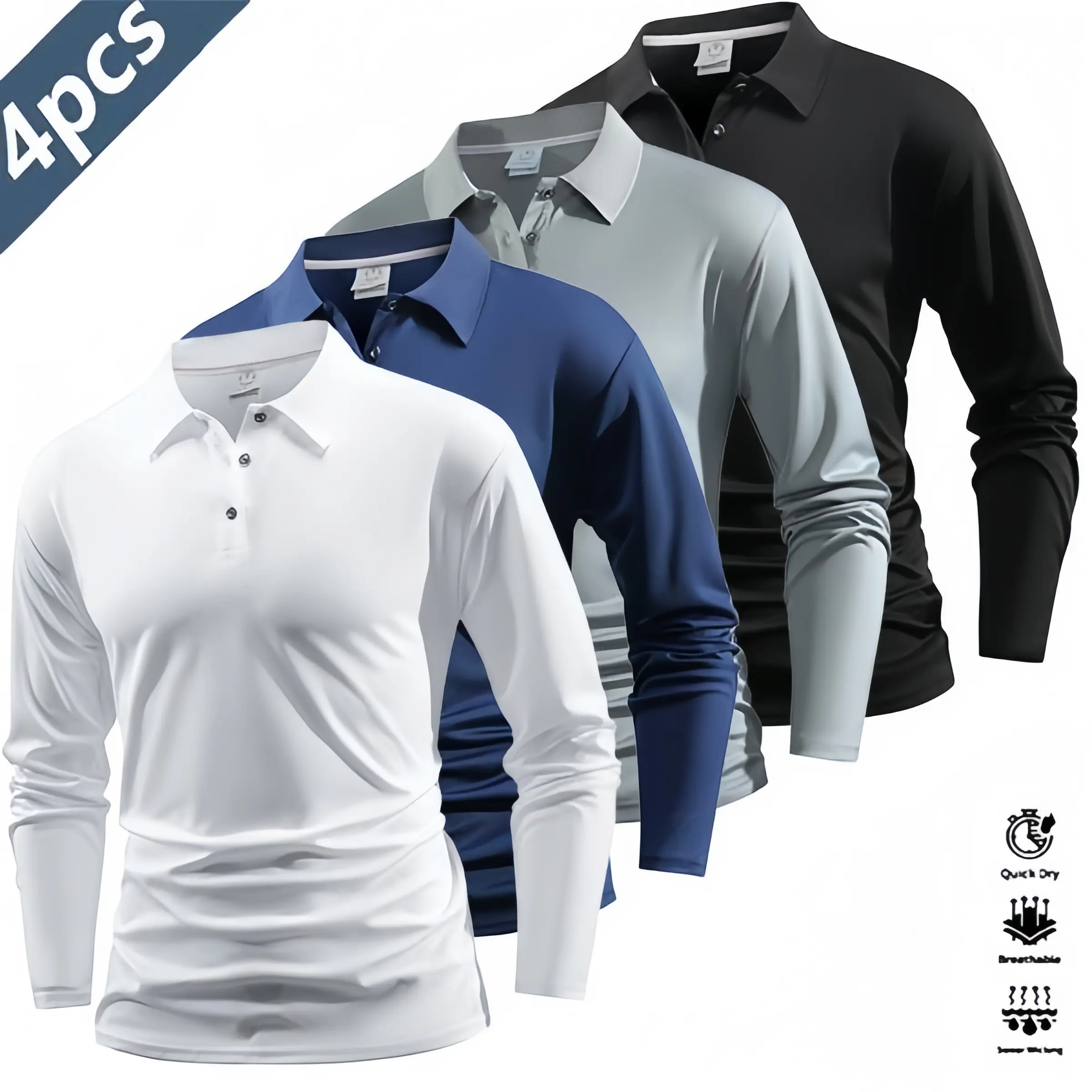 Men’s four-piece long-sleeve polo set, quick-dry golf/tennis apparel featuring a comfortable color-block collar and cuffs, suitable for both casual and athletic wear. graphic shirts Athleisure Style, Golf Shirt, Casual Sportswear