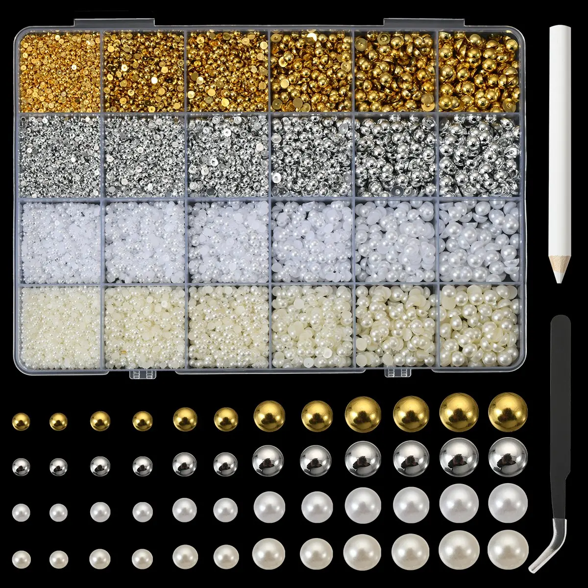 1 Box Half Round Flat Back Pearl Beads Kit, Nail Art Supplies, Nail Decoration and Charms, DIY Jewelry, Phone and Shoe Embellishment, Gold Silver White Beige