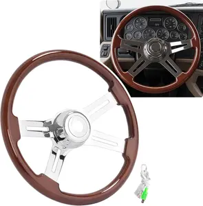 18" Truck Steering Wheel 4 Spoke Compatible with Freightliner Kenworth Peterbilt Volvo Western Star Mack International-Black PU Plastic Steel (Woodgrain)