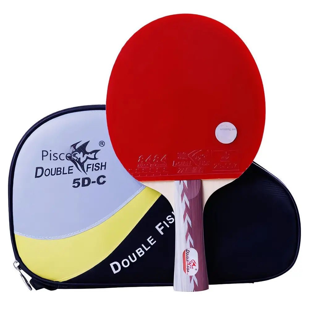Double Fish 5D-C Table Tennis Paddle - Red Sponge, Black Handle, Secure Hold, Includes Protective Case