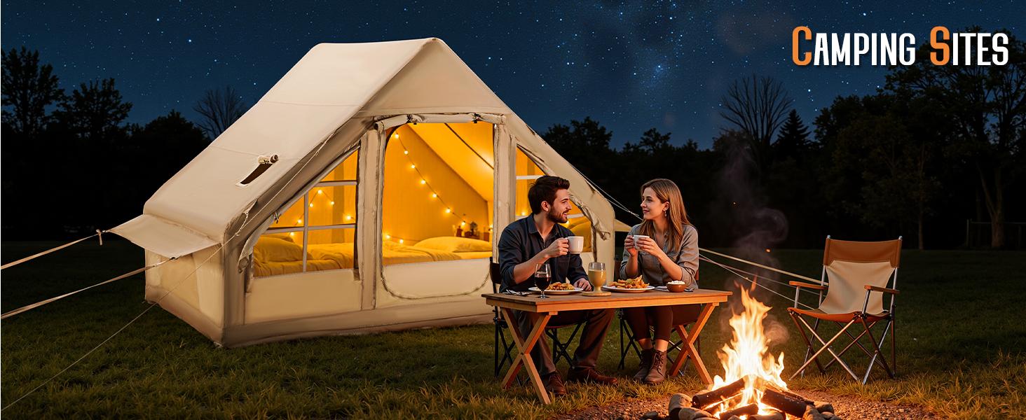 AMERLIFE Inflatable Tent for Camping, Large Blow Up Tent with Easy Setup Pump, Skylight, Stove Jack, Doors, Waterproof Oxford Outdoor Cabin, Ideal for Family, Emergency Shelter, Glamping