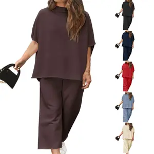 Imily Bela Curve 【L-5XL】Women's 2026 Plus Size 2 Piece Outfits 3/4 Batwing Sleeve Capelet Crew Neck Pullover Top Wide Leg Pants Lounge Set L-5XL