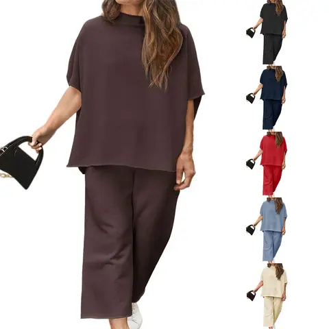 Imily Bela Curve 【L-5XL】Women's 2026 Plus Size 2 Piece Outfits 3/4 Batwing Sleeve Capelet Crew Neck Pullover Top Wide Leg Pants Lounge Set L-5XL