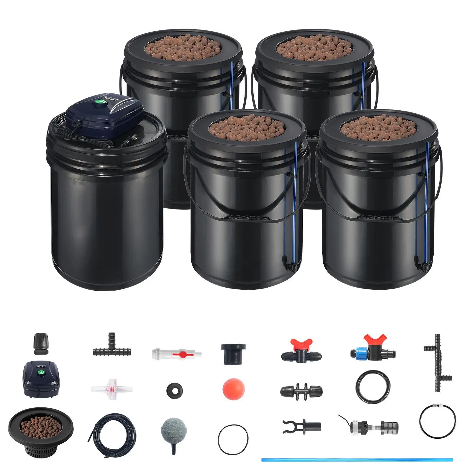 【SummerFinds】VEVOR RDWC Hydroponics Grow System,  , Hydroponic Growing Kit with Top Drip, Recirculating Deep Water Culture 4 Buckles and 1 Reservoir, with Air Pump and Water Level Device for Leafy Vegetables