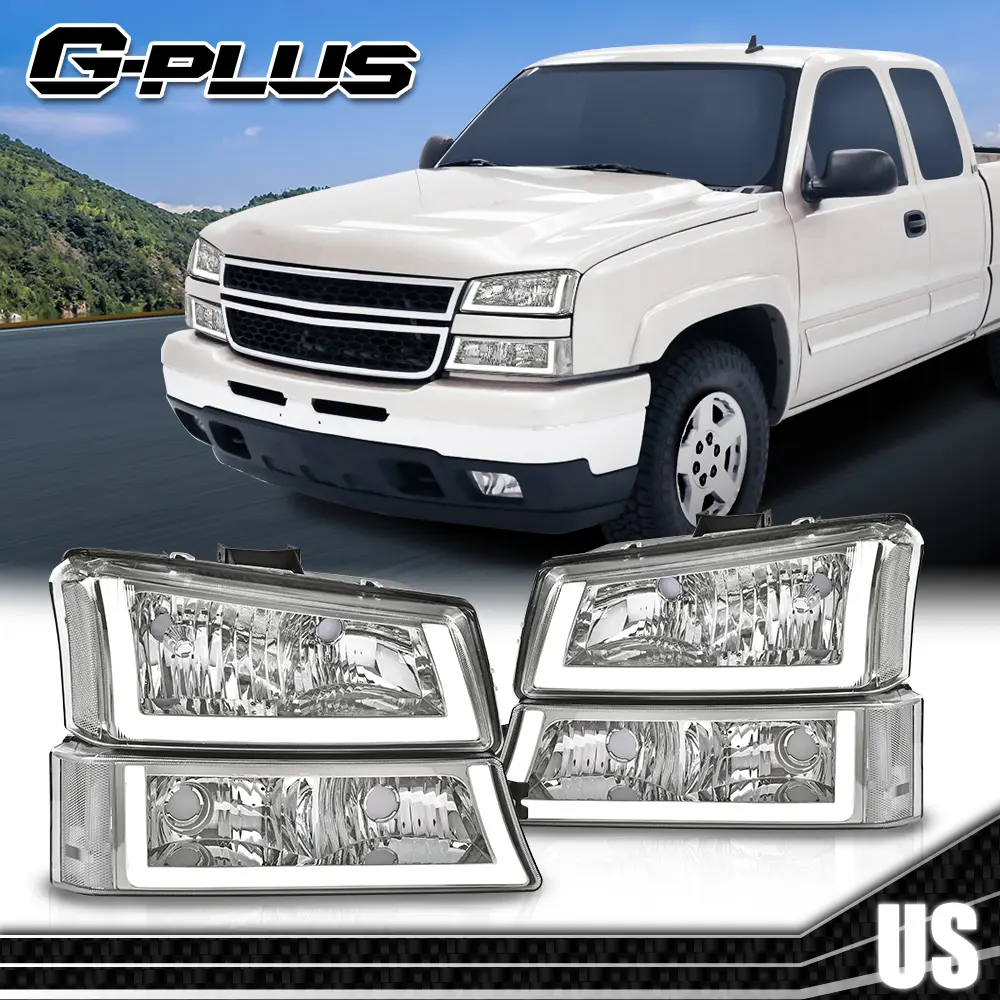 G-PLUS Headlights for 2003-2006 Chevy Silverado & Avalanche Chrome Clear LED DRL Headlight Assembly