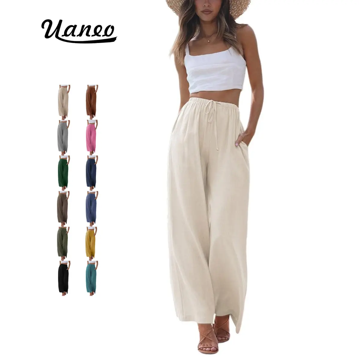 UANEO Women's Cotton Linen Summer Palazzo Pants Flowy Wide Leg Beach Trousers with Pockets Casual Womenswear SummerVibes