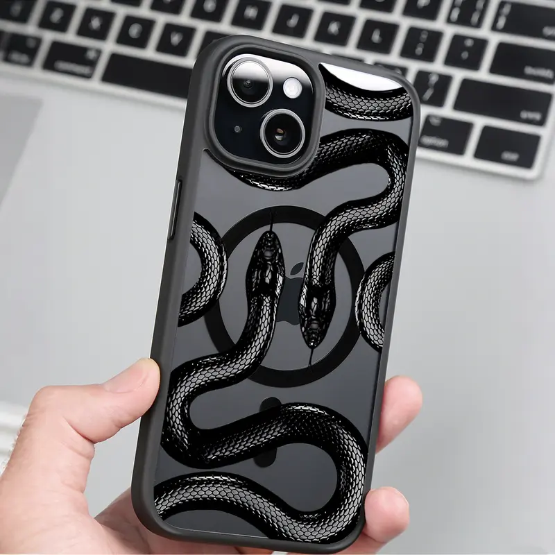 Black Snake Clear Magnetic Phone Case , Compatible with MagSafe Silicone Bumper Protective Cover For iPhone X XR 11 12 13 14 15 16 17 Pro Max Plus Air