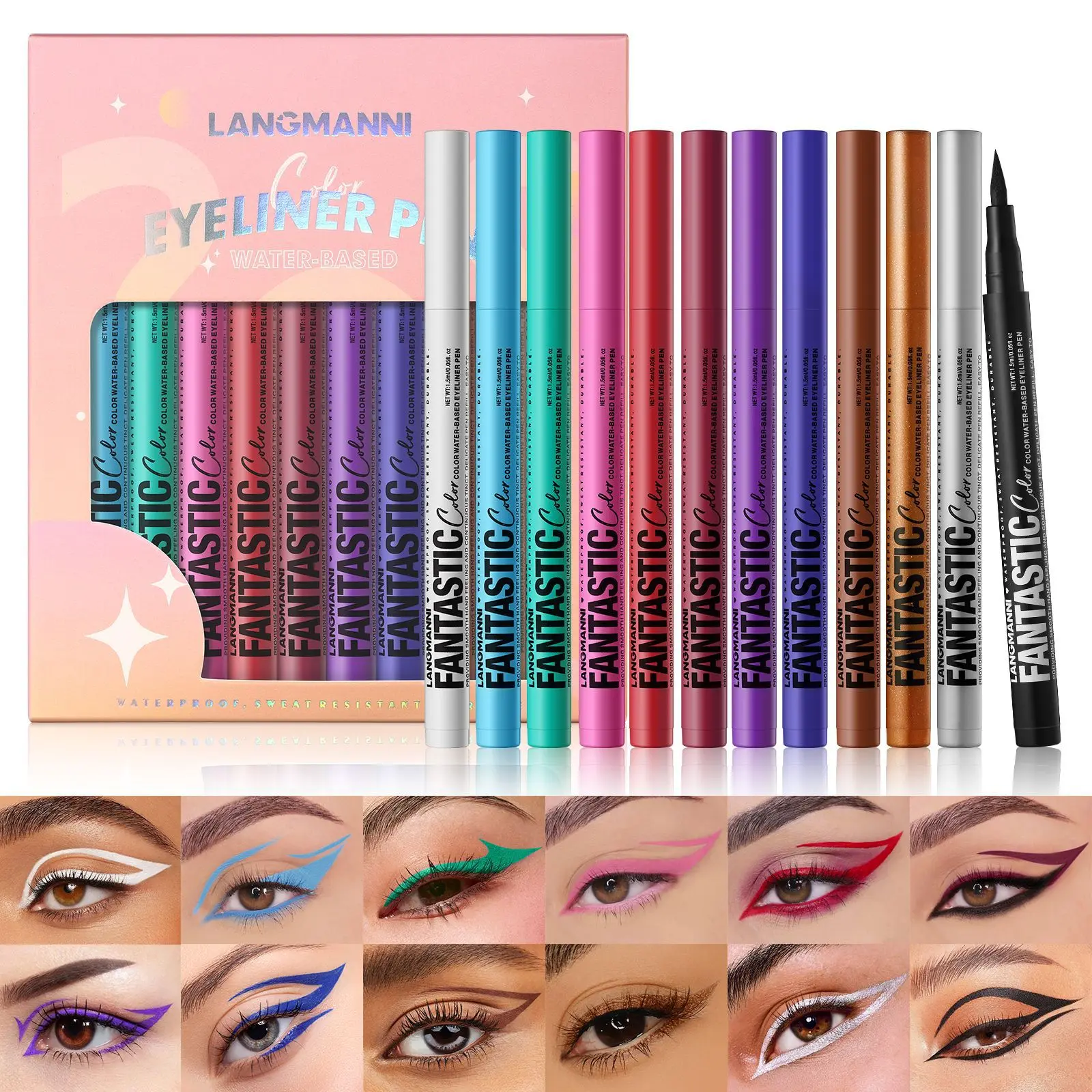 LANGMANNI 12-Piece Liquid Eyeliner Pen Set Pack, Waterproof, Long-Lasting, Smudge-Proof, Ultra-Pigmented Matte Quick-Dry Colorful Eyeliner for All Skin Types, Creative & Daily Eye Makeup Cosmetic Gift Set