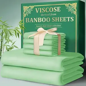 4pcs Bamboo Cooling Bed Sheet Set - Ultra Soft & Breathable, Shrink-Resistant, Smooth & Comfortable for All Season | Deep Pocket Fitted Sheet, Flat Sheet, Pillowcases | Room Decor