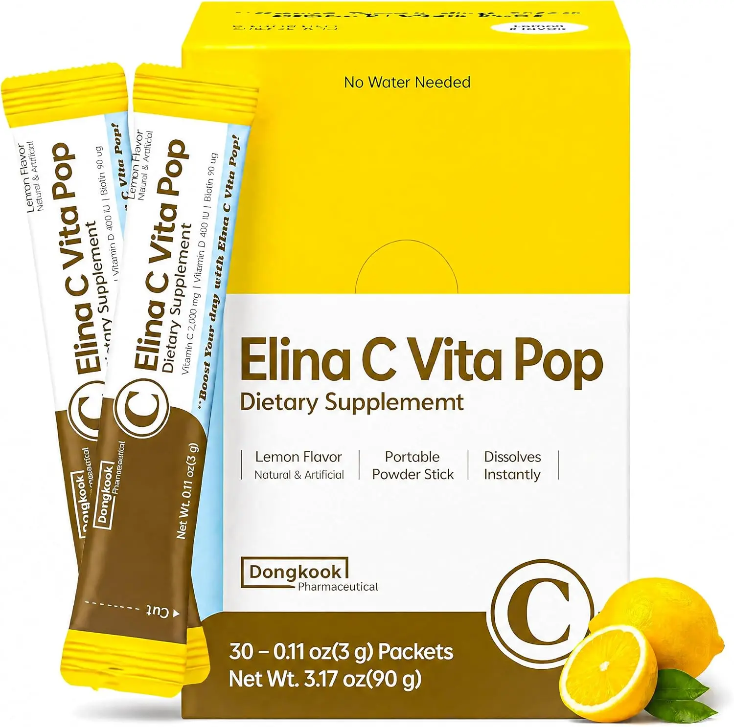 DONGKOOK Vita Pop Korean Vitamin C Powder 2,000mg Zero Sugar Vitamin D & Biotin Stick, Lemon Drink Mix, Vitamin C Supplements Immune Support & Bioavailibity for Max Absorption, Non-GMO 30 Packets