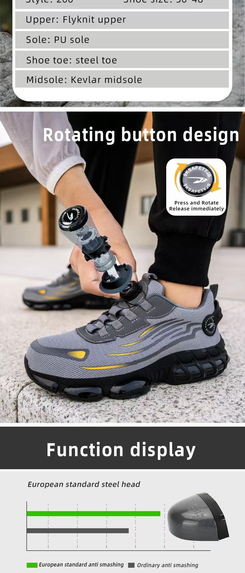 Men's Lace Up Low Top Anti Piercing & Anti Smashing Safety Shoes with Rotating Button Breathable Contrast Mesh Anti-Slip Sole for Outdoor Work