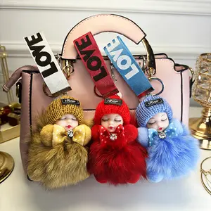 Cute sleeping doll keychain, fluffy plush closed eye doll toy, suitable for women's bags, car keychains, bag accessories, birthday gifts, and car pendants