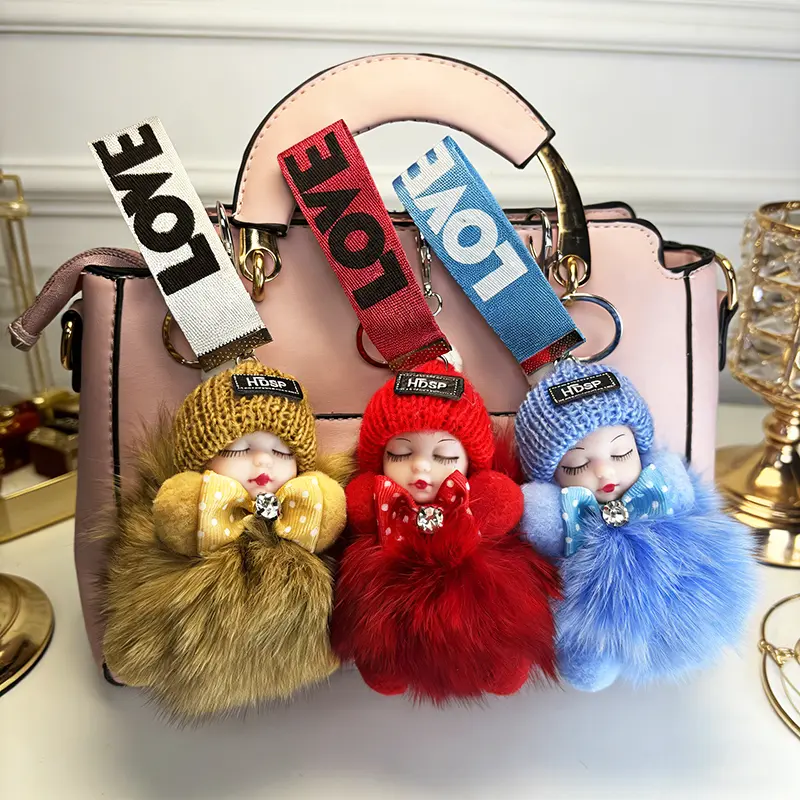 Fluffy Plush Sleeping Doll Keychain, Cute Stuffed Animal Bag Charm for Women and Girls, Fashion Accessory for Car Keys or Gifts, Soft Keychain, Stuffed Animal Keychain