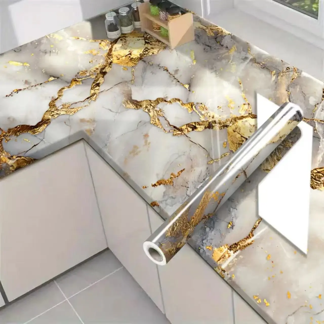 Gold Marble Pattern Self-Adhesive Wallpaper Roll, Waterproof, Oil-Resistant, Heat- and Fire-Resistant, Easy to Remove, Ideal for Kitchen Use