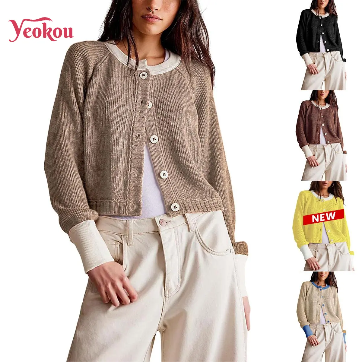 Yeokou Women's Knitting Cardigan, Casual Color Block Slouchy Cropped Sweater with Long Sleeves and a Button-Up Round Neck, Cardigan For Women, Women's Clothes