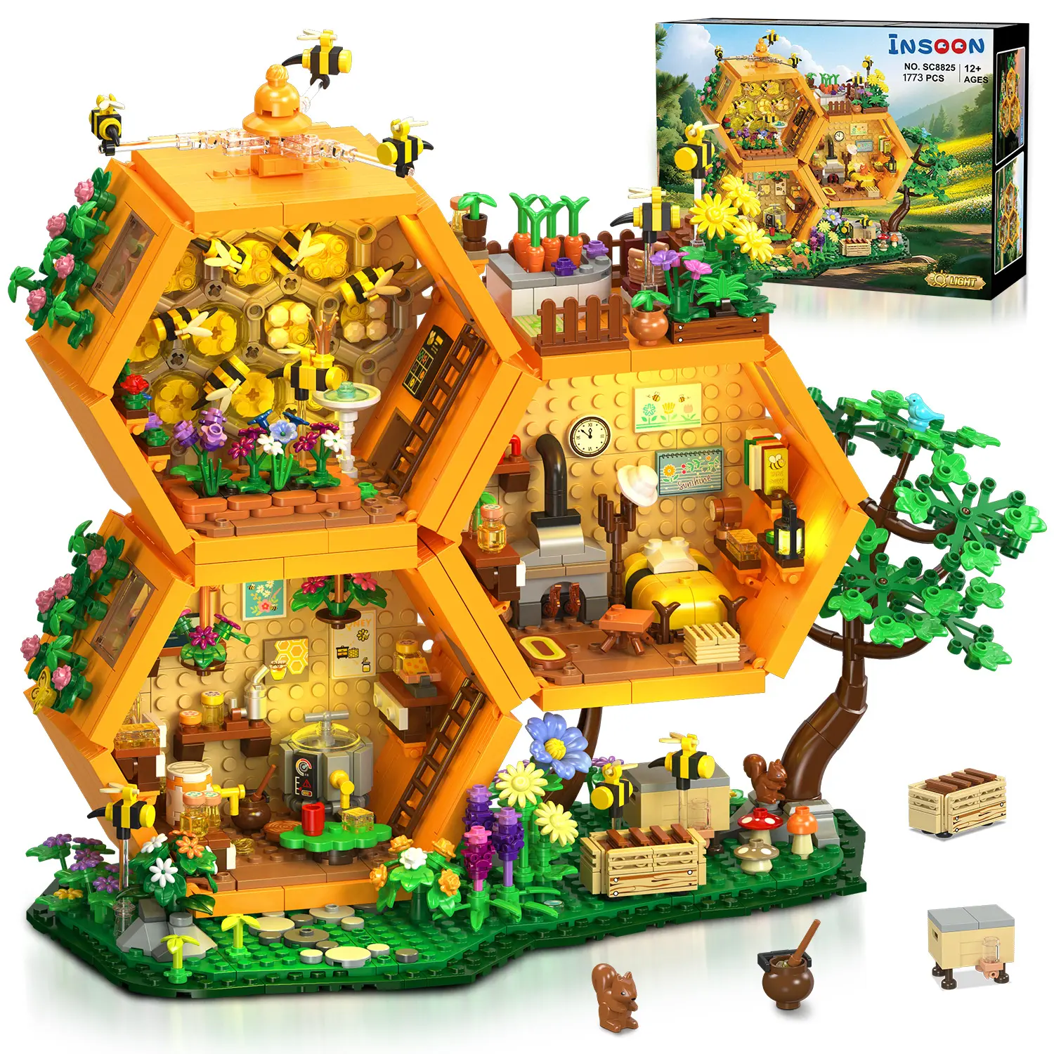 INSOON Bee Farm House Building Set with Light, 1773PCS Honey Cabin Building Block Toy with Flower Botanical Animals, Home Decor Treehouse Construction Model Kit, Gift for for Adults Boys Girls 12+