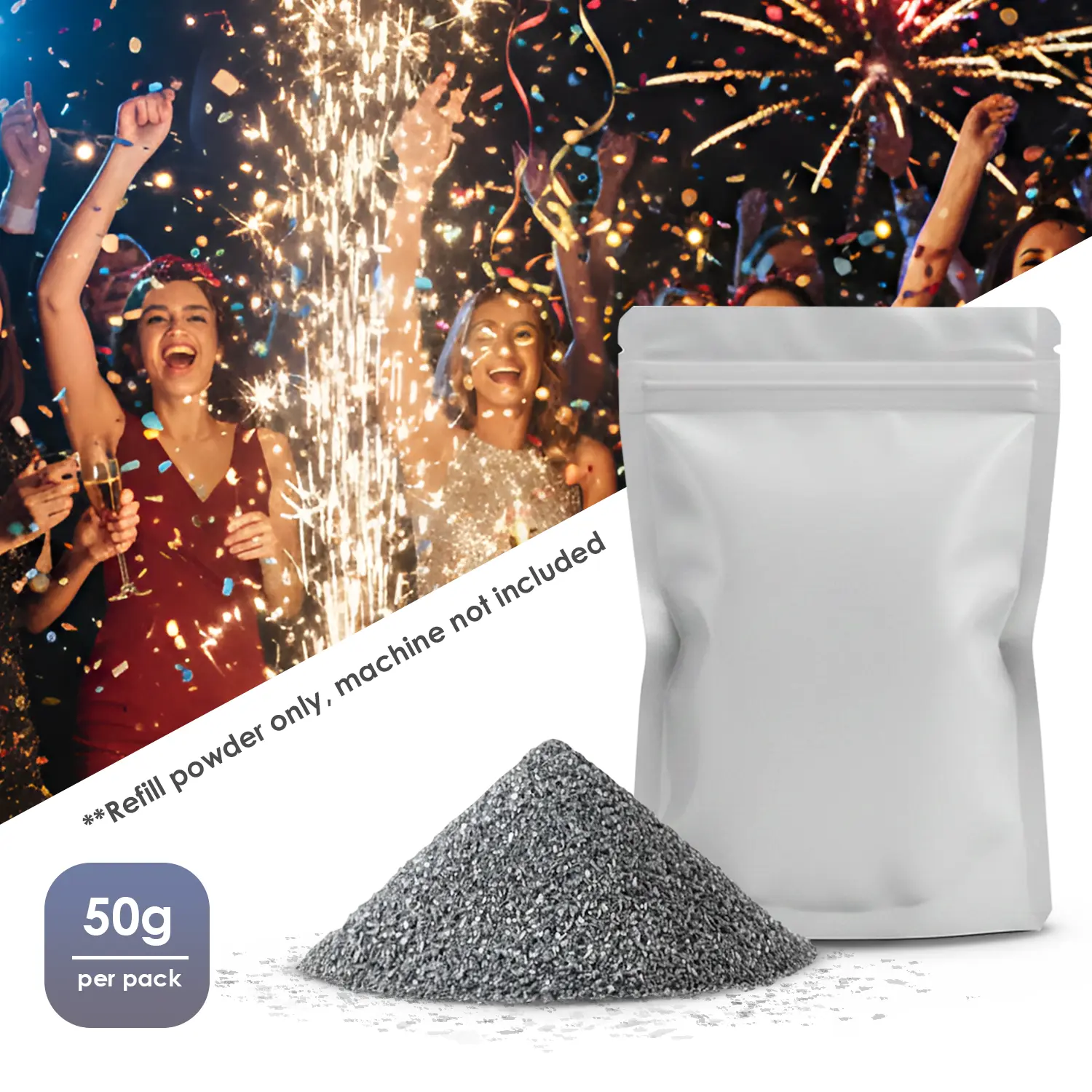 50g Vacuum-Sealed Cold Spark Powder Refill Pack - Non-Flammable, Smokeless, Smooth-Flow Lighting Accessory for Stage Events, Home Party Supplies, Indoor or Outdoor Ready Decorations