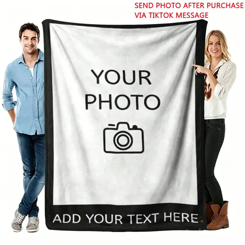 Personalized Photo-Text Print Flannel Blanket - Custom Picture Throw with Add-Your-Text, Soft Flannel, Patchwork Design, Memory Keepsake, Affordable Indoor Use Home Good for Family, Room Decor, Apartment Decor, Holiday Birthday Gift