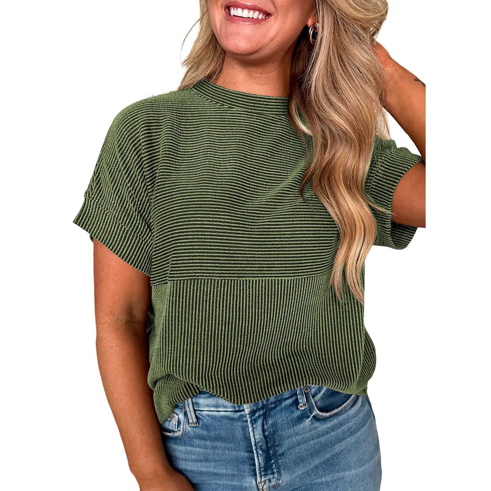 EVALESS Women's Solid Short Sleeve T Shirts Tops Ribbed Knit Striped Crewneck Casual Loose Fit T Shirts 2026 Womenswear Summer Outfits Summervibes  Deals For You Days,back to school,back to school shopping Basic Trend