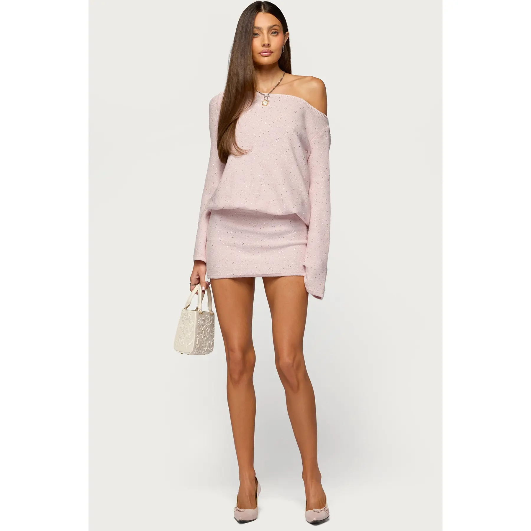 Off Shoulder Sequin Knit Mini Dress