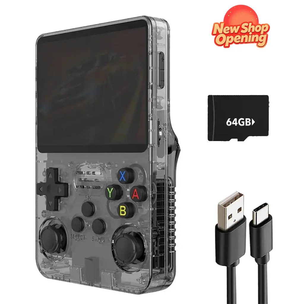 The R36S Portable Retro Handheld Game Console features a 3.5-inch IPS screen, Linux system, a 3000mAh battery, a 64GB TF card, convenient charging, and comes with a free game console.