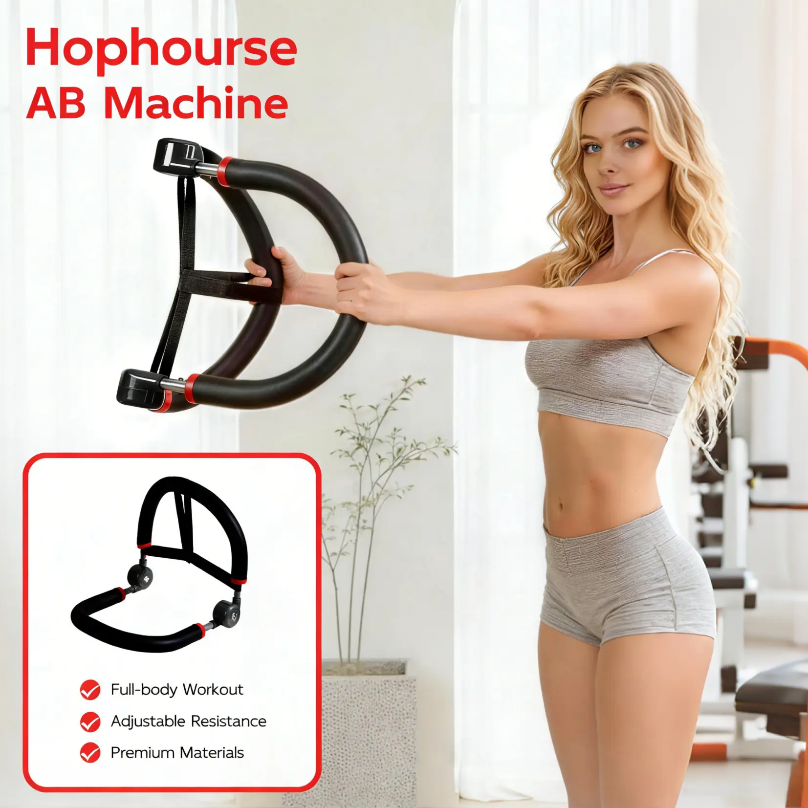 HOPHORSE Ab & Core Exercise Machine - Home Gym Sit Up Trainer with 4 Resistance Levels, Adjustable Automatic Rebound, Resistance Bands, Abdominal Exercise Equipment