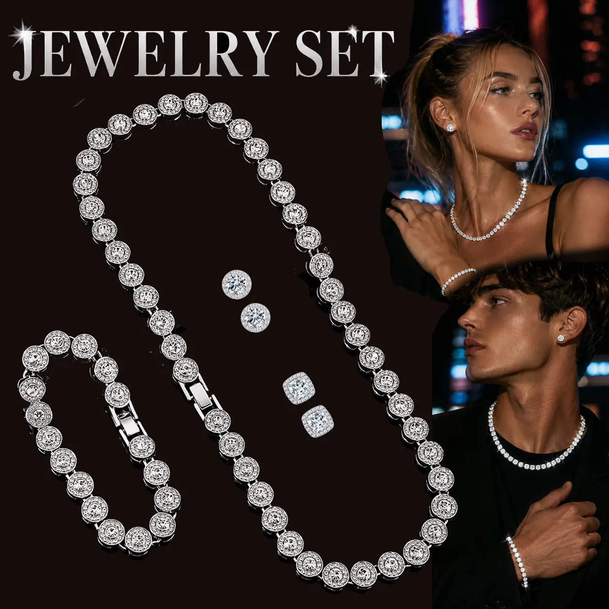 14K White Gold Plated Cubic Zirconia Tennis Necklace Bracelet Earrings for Women for Men Jewelry Set, Perfect for Women Birthday/Valentine's Day/Mother's Day/Christmas