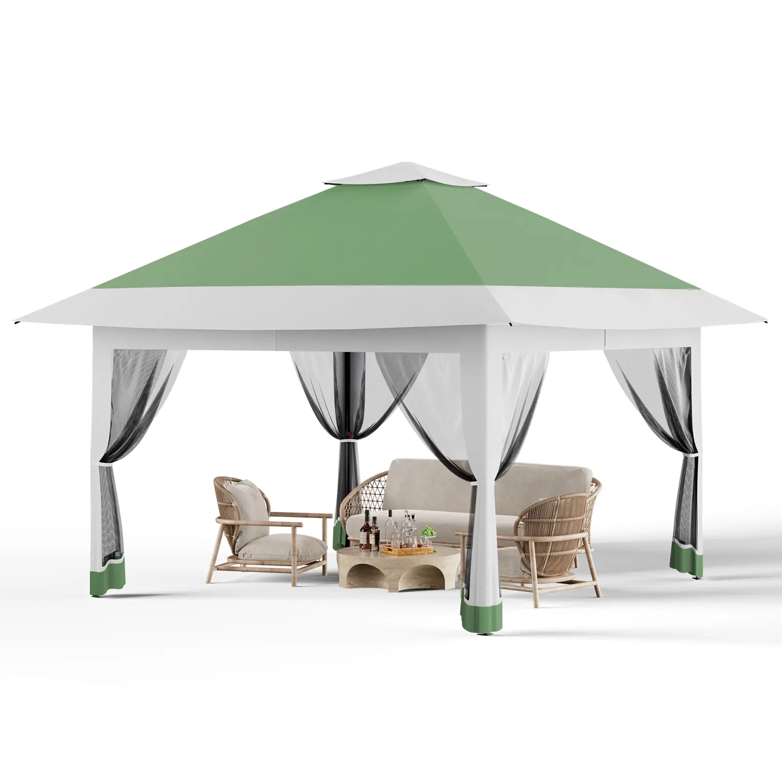 12x12 FT One-Push Setup Pop Up Canopy Tent, Outdoor Gazebo with Full Mosquito Netting and Double Roof Design, Height Adjustable Shelter, Equipped with 4 Sandbags & Rolling Wheeled Storage Bag for Patio, Garden and Backyard