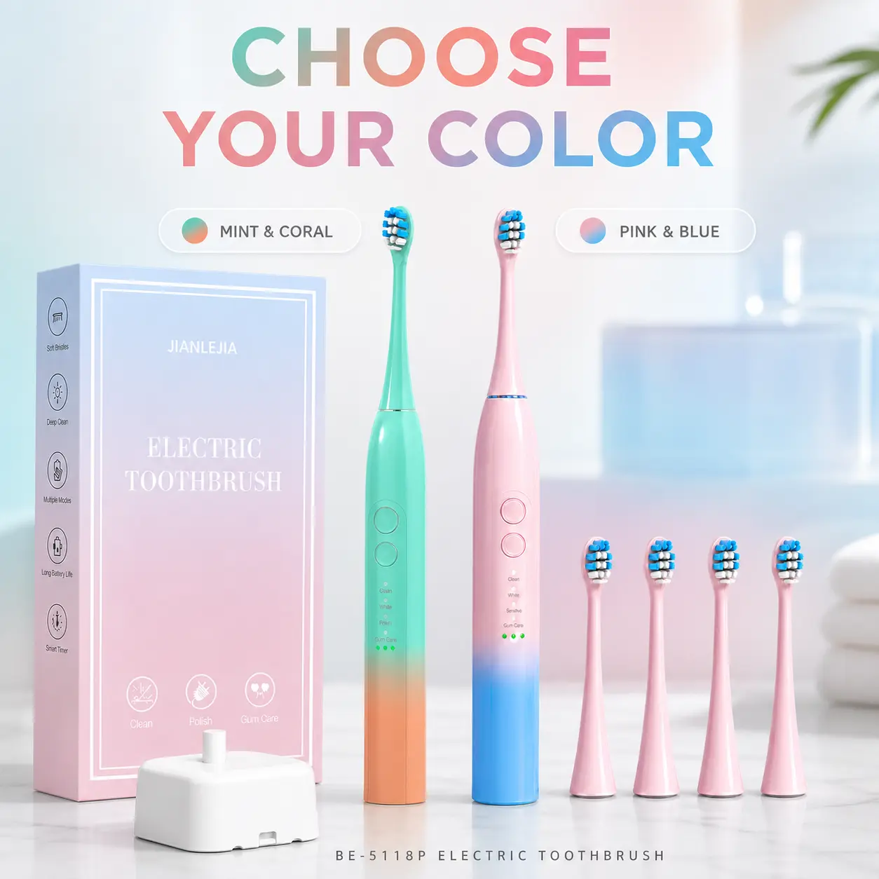 Sonic Electric Toothbrush Set Includes 4 Replacement Heads, 36000 VPM, 4 Brushing Modes, Smart Timer, IPX7 Water Resistant Battery Operated Toothbrush for Adults, Cordless for Teeth with Wireless Charge Base