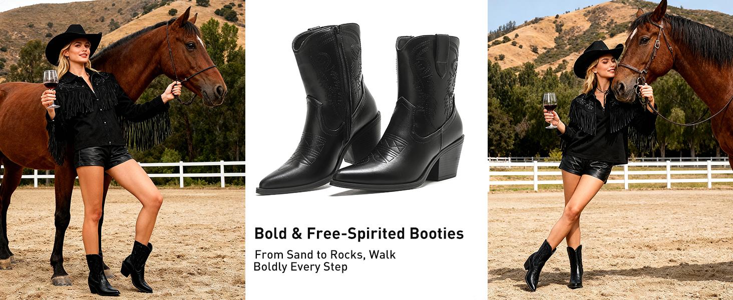 Cowboy Cowgirl Ankle Boots for Women Western Boots with Pointed Toe, Side Zipper and Chunky Heel Design