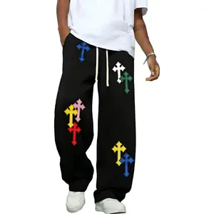 Men's Y2K loose solid color sweatpants, heavyweight pure cotton work pants, wide-leg loose fit casual joggers with stylish prints, available in black and gray, 6 styles to choose from