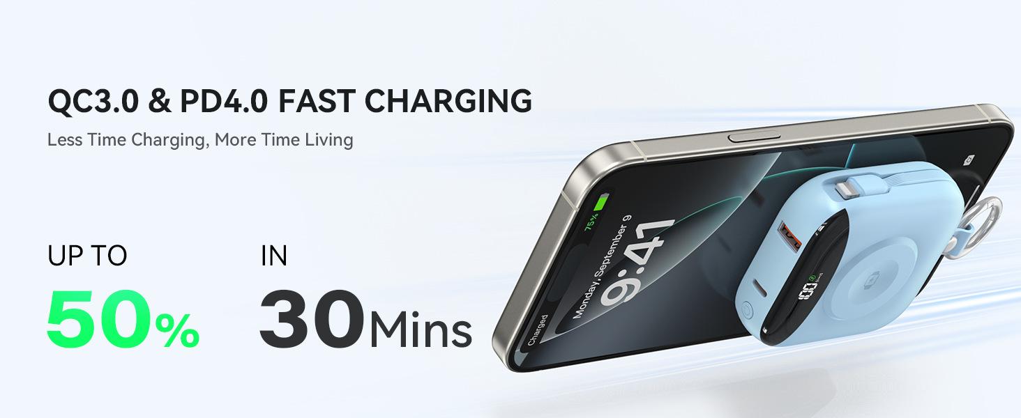 10000mAh Portable Charger Power Bank, 3-in-1 Wireless Battery Pack with Built-in USB-C & Lightning Cables, 22.5W Fast Charging, LED Display for iPhone, Apple Watch & Android Chargeable