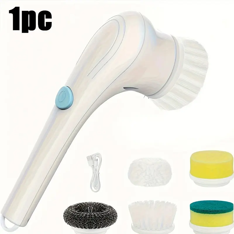 Cordless Power Spin Scrubber, Handheld USB Rechargeable Electric Rotating Washer with 5 Replaceable Heads, 3-in-1 Rotating Squeegees for Bathroom Bathtub Tiles, Household Cleaning Tool, Three-In-One Rotating Squeegees