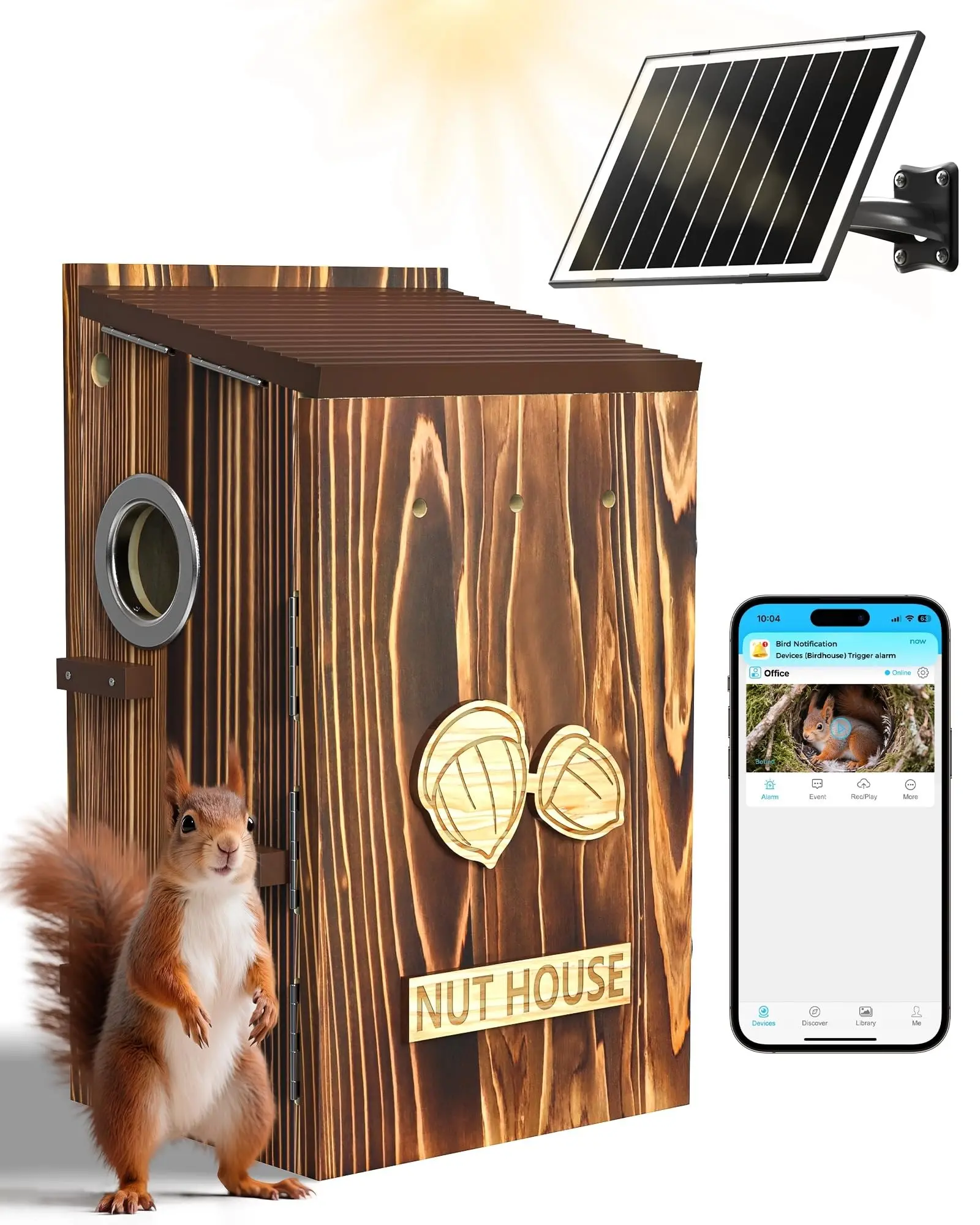 Squirrel Box with Camera Solar Powered, Auto Detect & Notify, Night Vision Pet Watching Cam for Squirrel Nesting Box, 2K HD, 2.4G Wi-Fi, APP Control, Smart Squirrel House for Outside Nesting