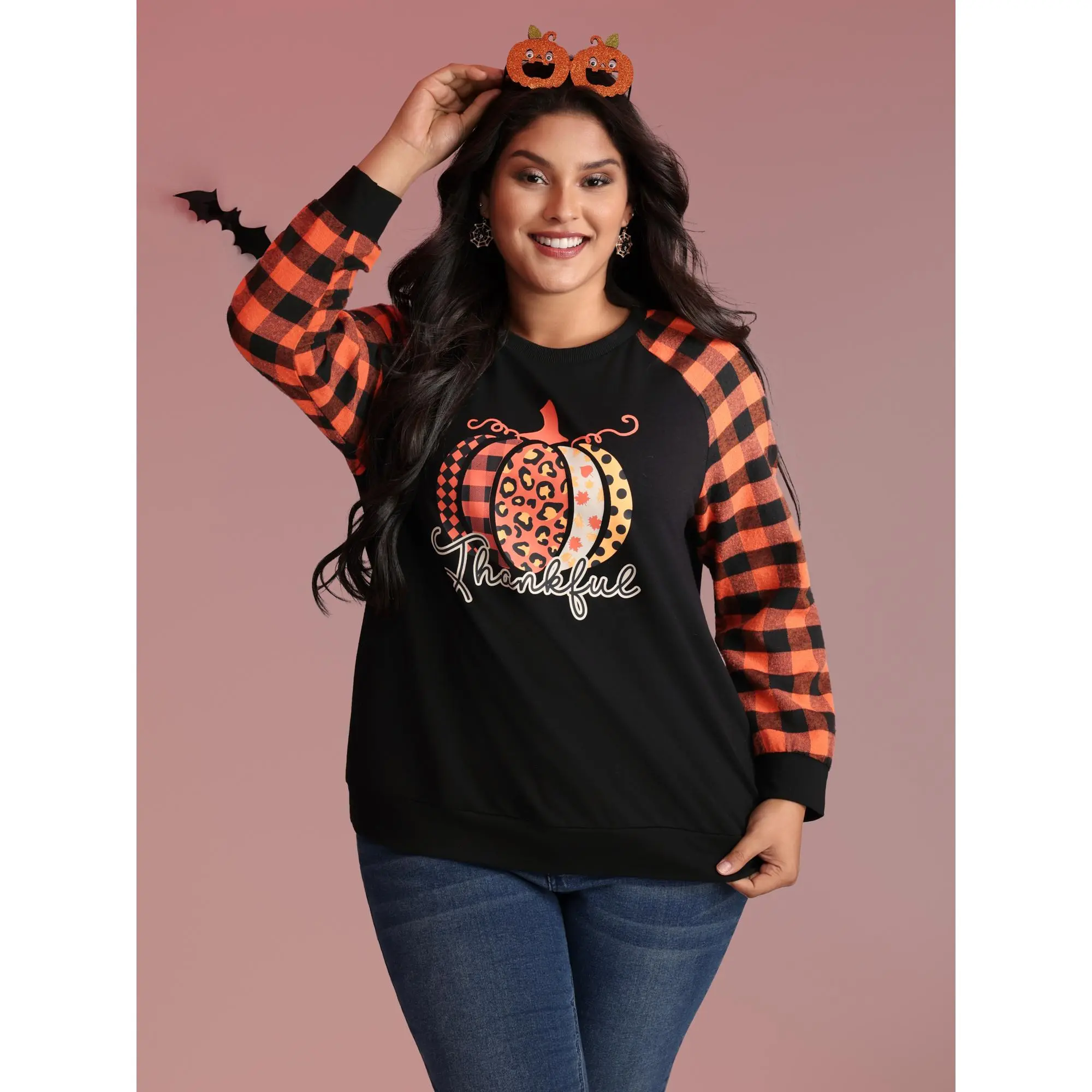 【 Comfy Chic】Bloomchic Halloween Pumpkin Plaid Stretchy Sweatshirt Fit Long Sleeve Womenswear Fabric  Tops,Summerfinds