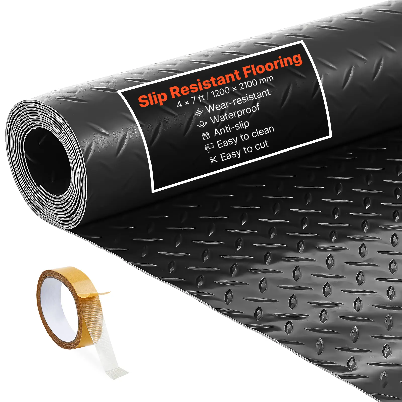 VEVOR Durable PVC Construction Garage Floor Roll, 4x7 ft (1200x2100 mm, 28 sq ft) 2.2mm Thick Diamond Plate Mat, Waterproof PVC, Water Resistant Floors for Warehouse/Trailer, Non-Slip, Easy to Clean with Double-Sided Tape, Black