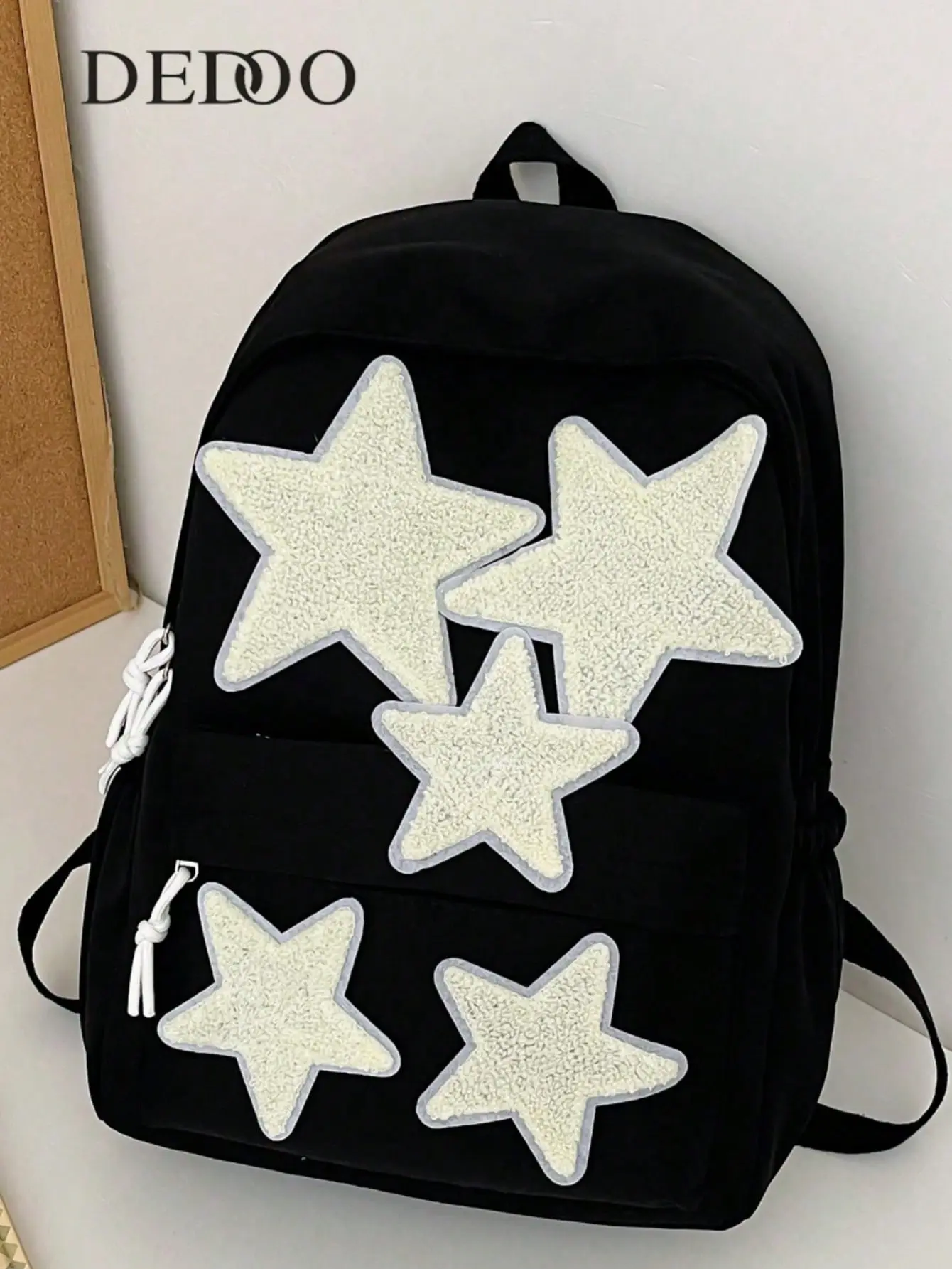 Black Canvas Backpack with Fluffy Star Patches, Large Capacity Bookbag, Casual Student School Backpack Daily Travel Rucksack for Teen Girls,Y2K Grunge Star Backpack, Soft Fuzzy Five-point Star Pattern Bag, Fashion Casual Travel Rucksack for Women & Teens