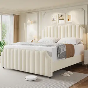 King Size Velvet Bed Frame, 50.2 in Tall Headboard & Footboard, Upholstered Platform King Bed Frame with Nailhead Trim, No Box Spring Needed, Beige