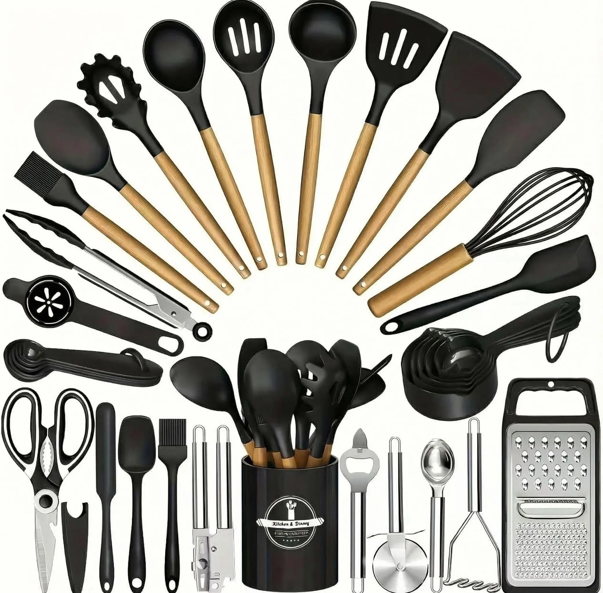 37-Piece Food-Grade Silicone Kitchen Utensils Set - Heat-Resistant Countertop Kitchen Gadget Including Spatulas, Ladle for Baking, Cooking