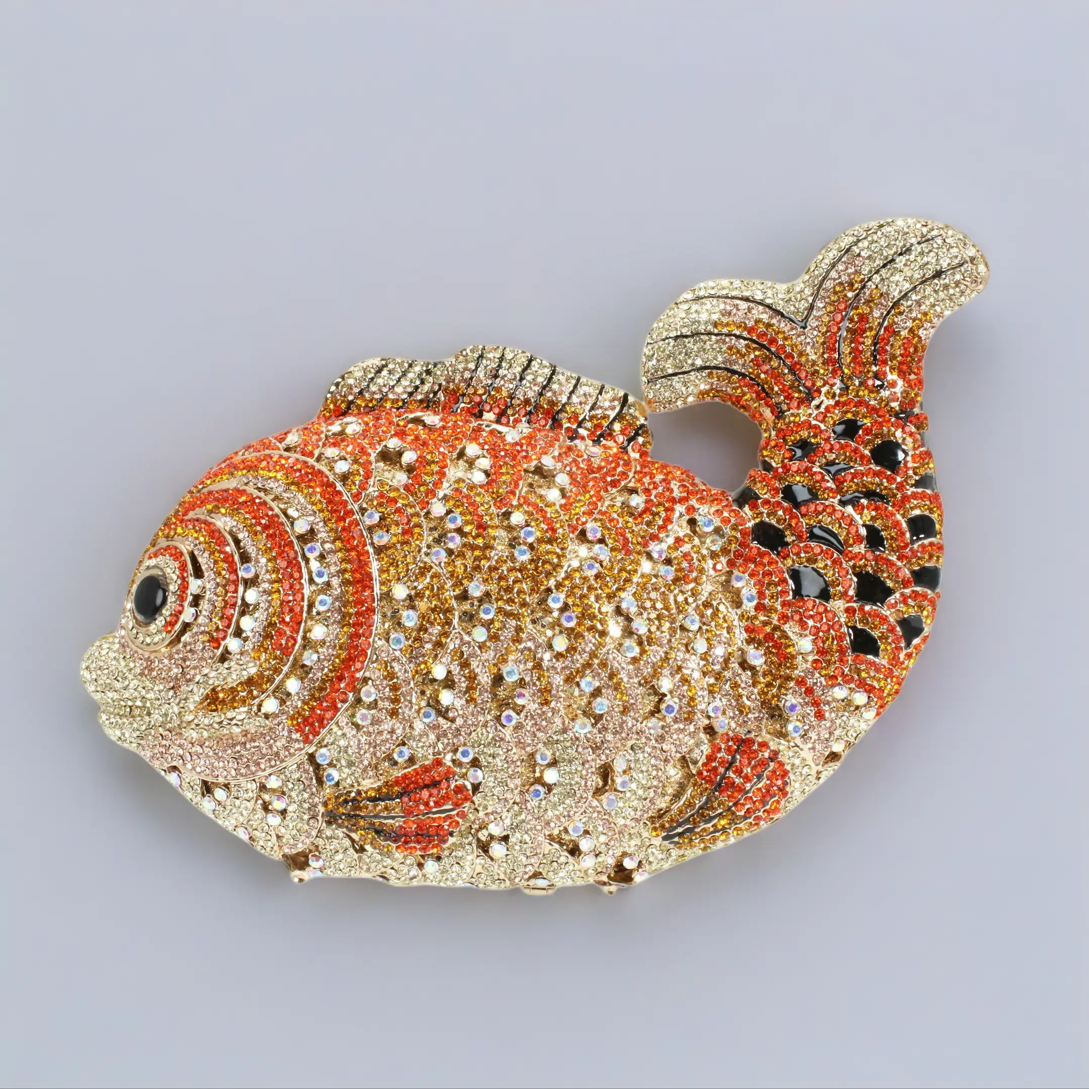 PSBIY Evening Clutch Bag for Women, Bedazzled Orange-Gold Fish Shape Purse with Bold Sparkle and Chain Strap for Special Events, Fashionable Embellished Clutch, Wristlet Clutch