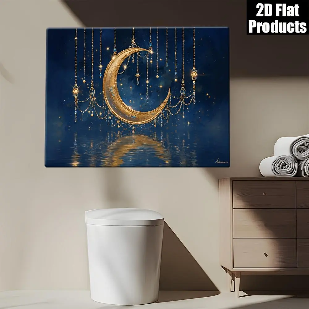 2D Flat Golden Crescent Moon Wall Art with Wooden Frame - Elegant Celestial Canvas Print for Living Room, Bedroom, Office, or Kitchen Decor, Perfect for Modern Home or Classroom Ambiance, Moon Decor	