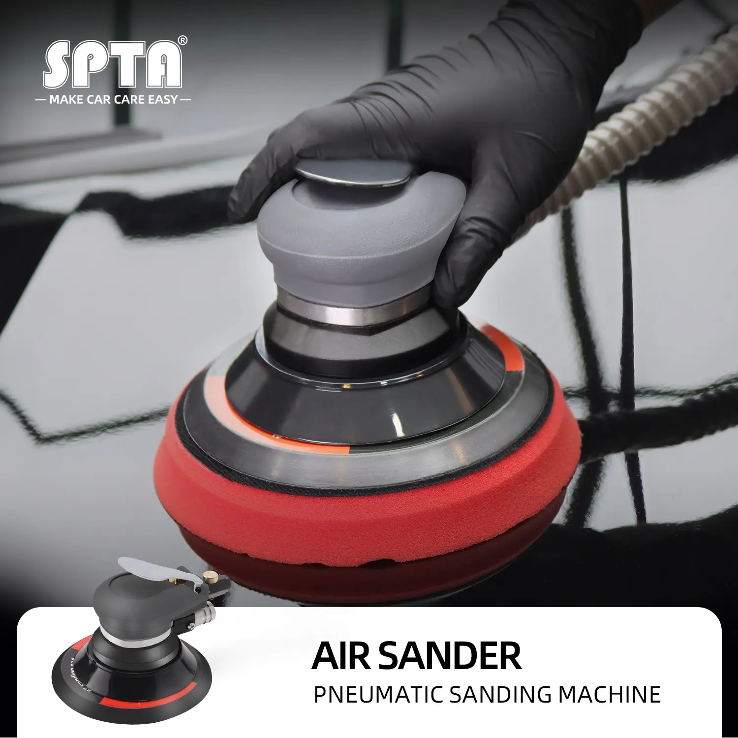 SPTA Random Orbital Sander 5" & 6" Pneumatic Palm Sander with Extra 5" Backing Plate, Sponge Polishing Pads, Sandpapers Low Vibration and Heavy Duty for Wood, Composites, Metal