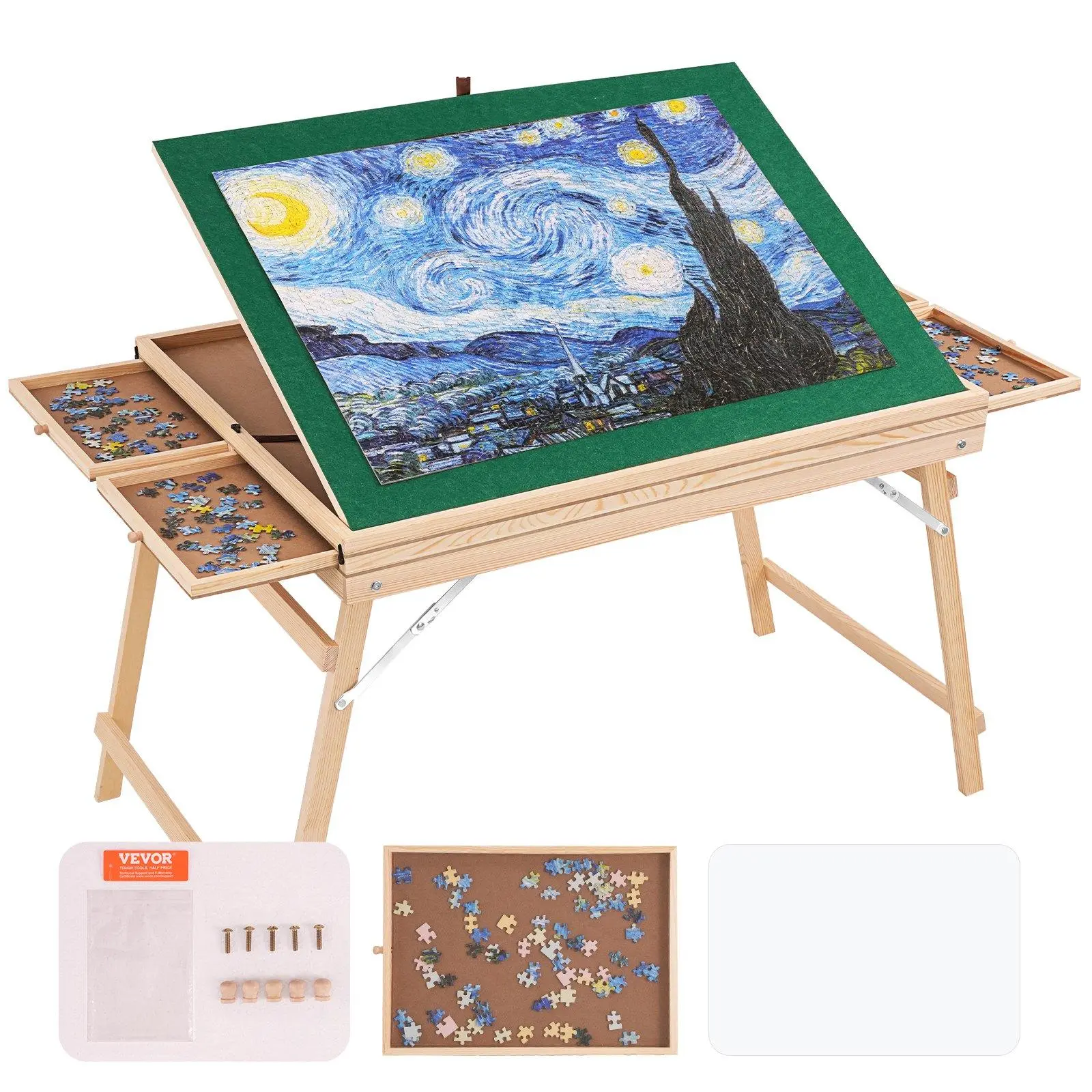 【summerfinds】VEVOR 1500 Piece Puzzle Table with Folding Legs, 4 Drawers and Cover, 32.7"x24.6" Wooden Jigsaw Puzzle Plateau, Adjustable 3-Tilting-Angle Puzzle Board, Puzzle Storage System for Adults, Gift for Mom