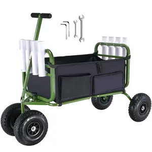 【FathersDayGift】VEVOR Beach Fishing Cart,  , 300 lbs Load Capacity, Foldable Fish and Marine Cart with Four 11" Big Wheels Rubber Balloon Tires for Sand, Heavy-Duty Steel Pier Wagon Trolley with 8 Rod Holders for Picnic