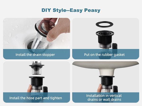 Hibbent Bathroom Sink Drain Kit, Flexible P-Trap Drain Pipe with Pop Up Stopper, Expandable Bathroom Sink Pipe Replacement with 2 Adapters, Fits 1-1/4'', 1-1/2'', 2" Holes, Hair Catcher, Chrome