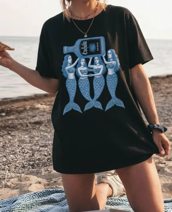 Women's 100% Cotton Vintage Mermaid Tequila Bottle Graphic Short-Sleeve T-Shirt, Casual Soft Oversized Fit Beach Piece for Summer, Black
