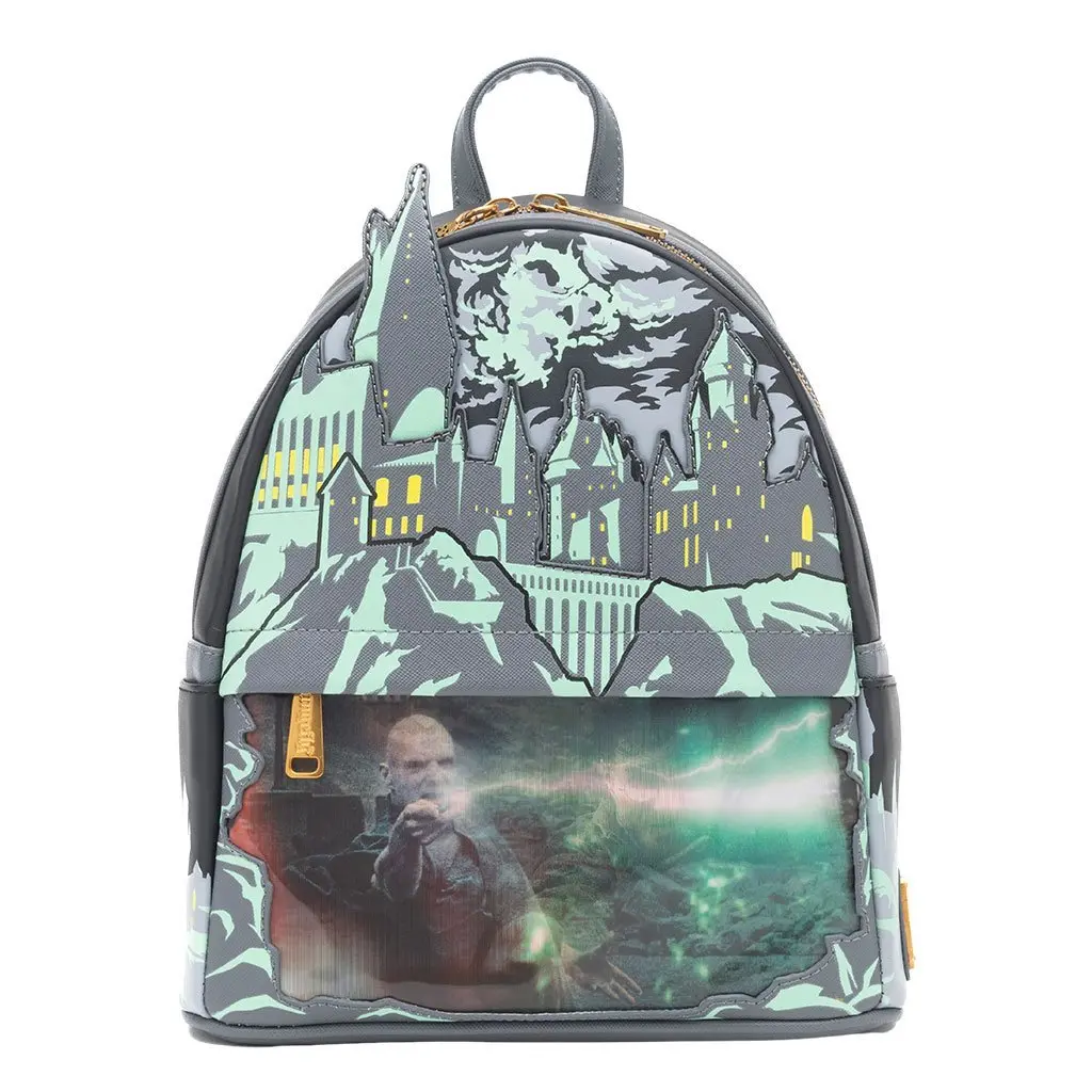 Loungefly Harry Potter Battle of Hogwarts Faux Leather Lightweight Mini Backpack - Lenticular Screen, Glowing Print, Dark Mark Details, Zip, Basic, Side Pocket, Casual Printed Backpack